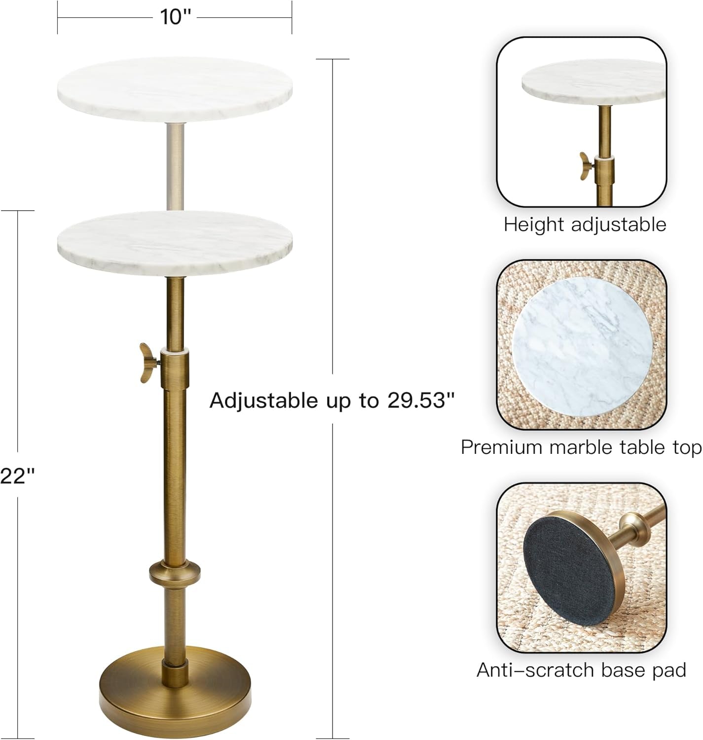 Diagram showing a 10" marble top and adjustable-height pedestal with anti-scratch base pad