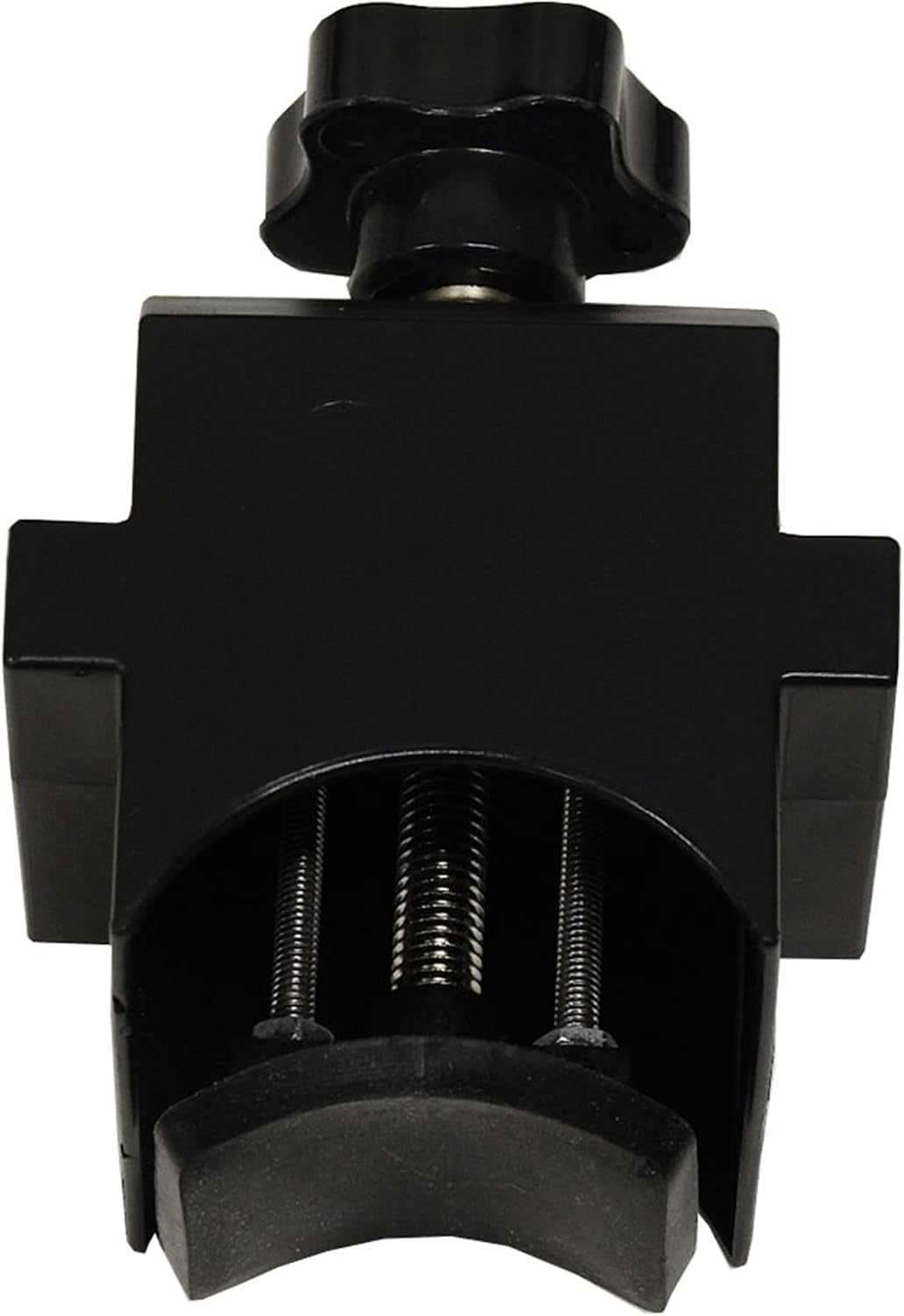 Adjustable black coupler clamp close-up with large tightening knob for umbrella pole mounting