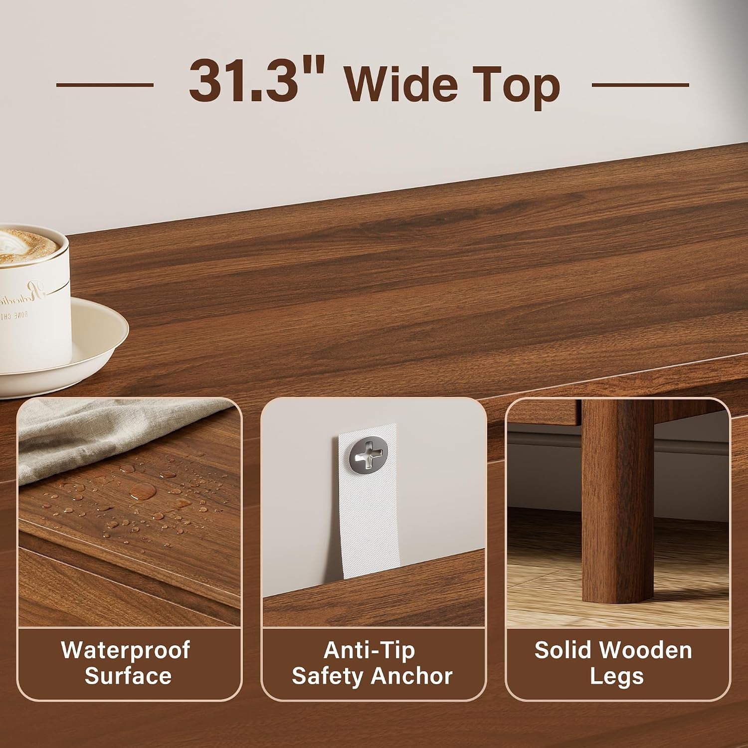 Close-up of walnut top showing waterproof surface graphic, an anti-tip anchor screw and a solid wooden leg