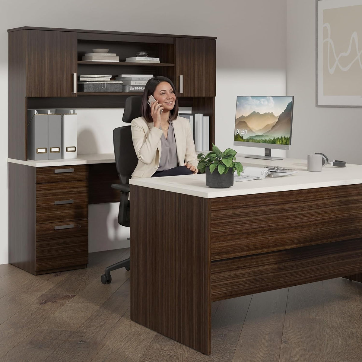 Angled studio render of the U-shaped desk and hutch showing the two-tone laminate finish