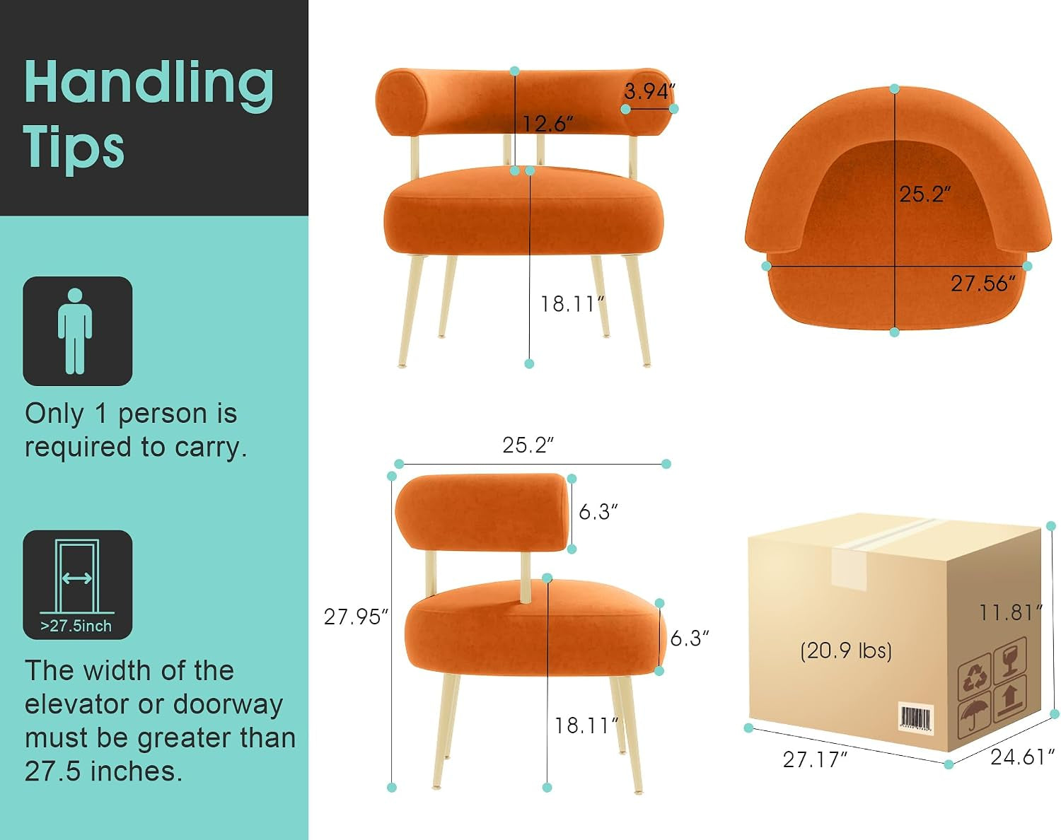 Dimension and handling diagram of a round barrel accent chair with callouts and a packaging box illustration.