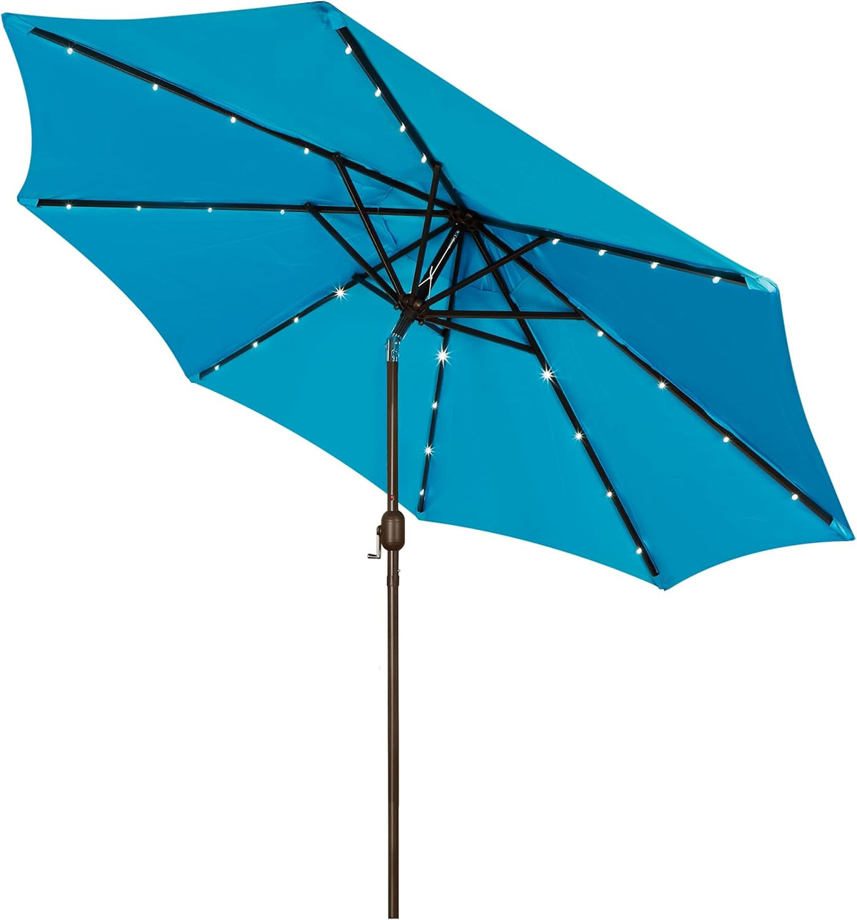 Underside view of a light turquoise umbrella with small LED lights on the ribs and a crank handle on the pole.