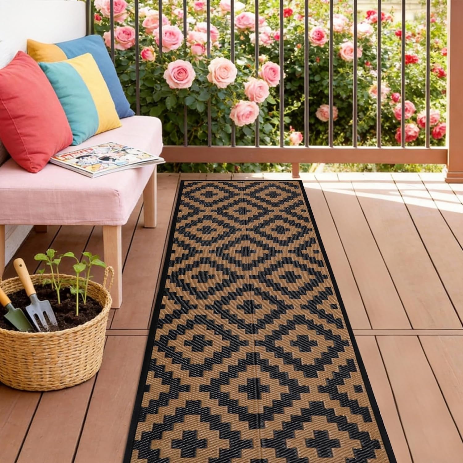 Narrow tan-and-black geometric runner laid on a porch beside a pink bench and basket.