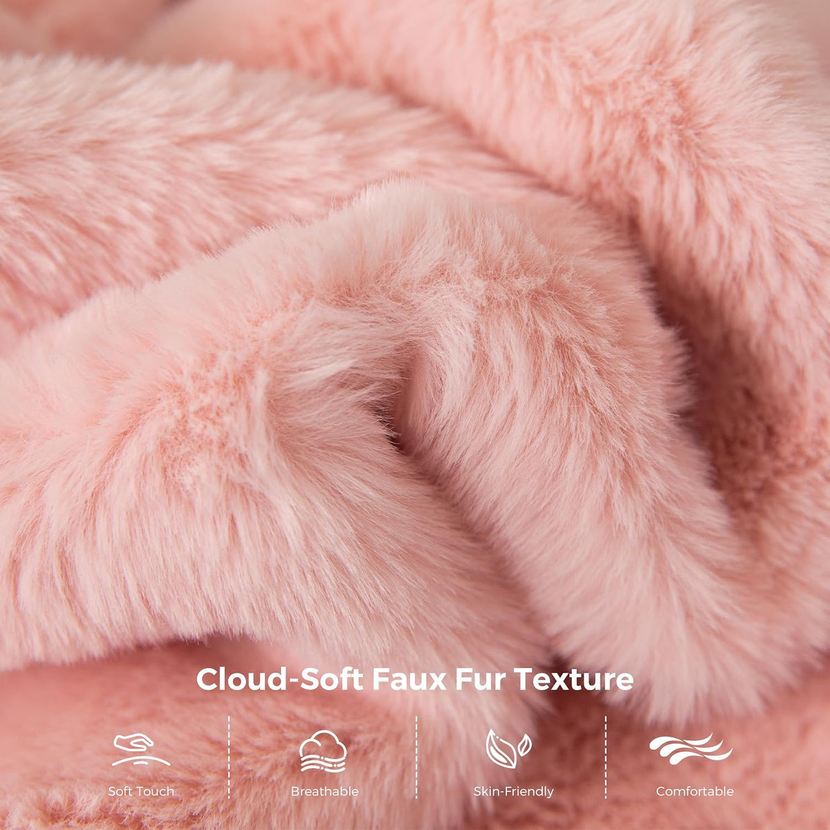 Close-up of cloud-soft pink faux-fur fabric showing pile and texture.
