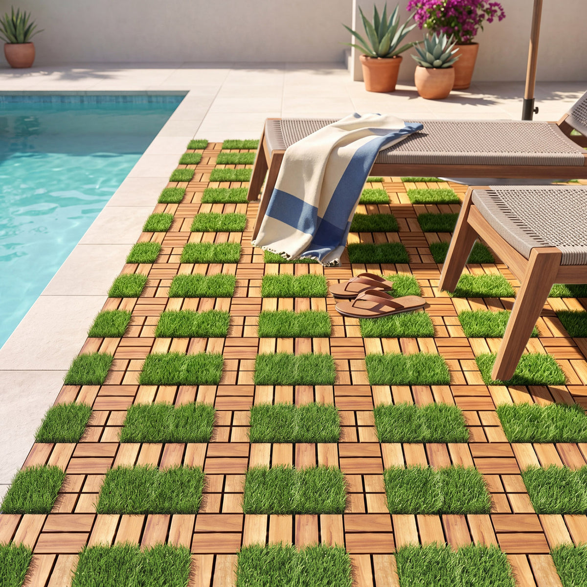 Acacia Wood Interlocking Deck Tiles with Artificial Gras, Natural