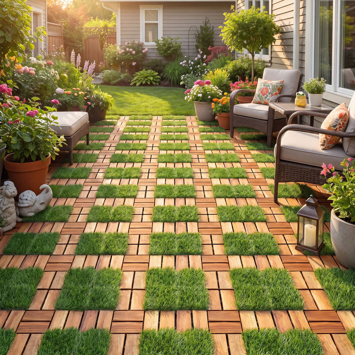 Acacia Wood Interlocking Deck Tiles with Artificial Gras, Natural