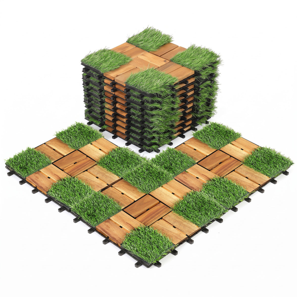 Acacia Wood Interlocking Deck Tiles with Artificial Gras, Natural