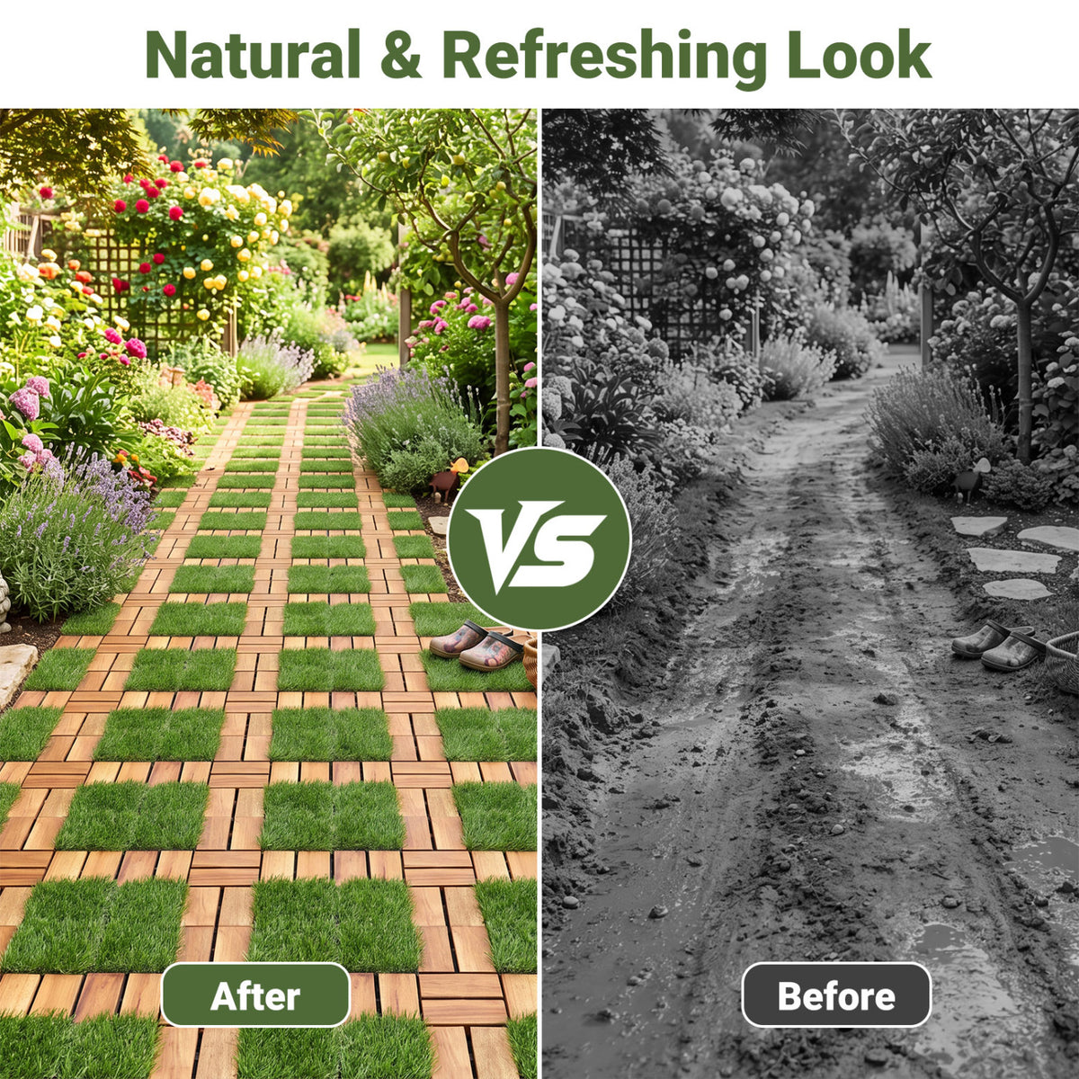 Acacia Wood Interlocking Deck Tiles with Artificial Gras, Natural