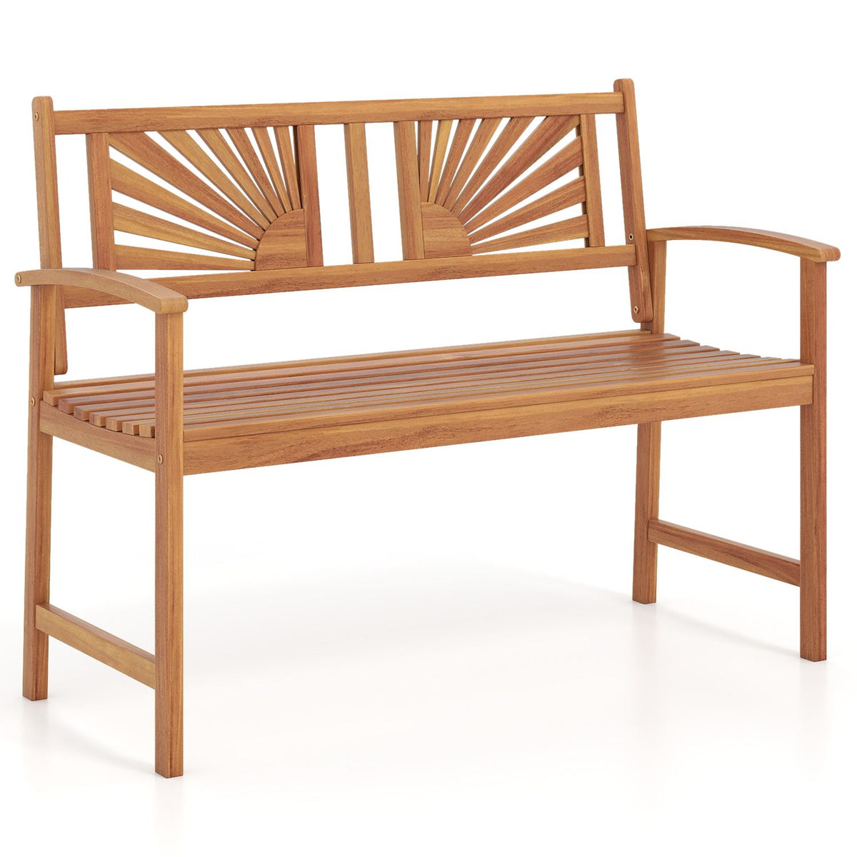 Wooden garden bench shown against a white background, with slatted seat and sunburst back panels.