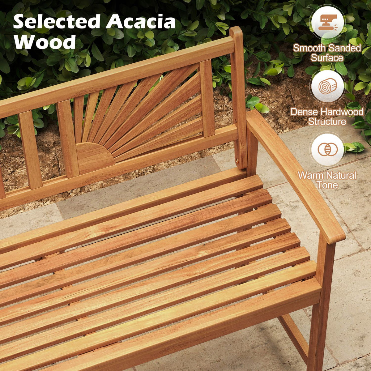 Close view of the bench’s slatted seat, sunburst back, and straight wooden armrest.