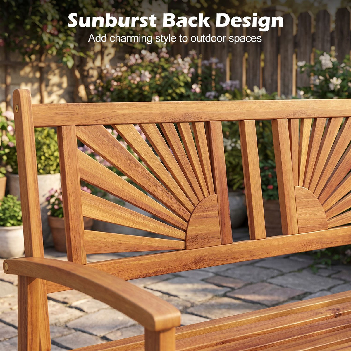 Close-up of the bench’s radiating sunburst back slats and gently curved wooden armrest.