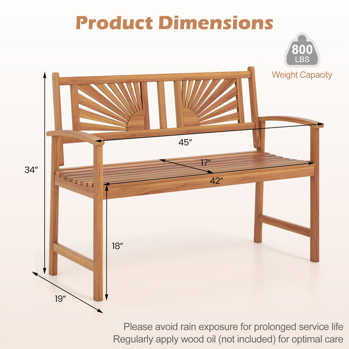 Bench shown with measurement arrows and a weight-capacity badge.