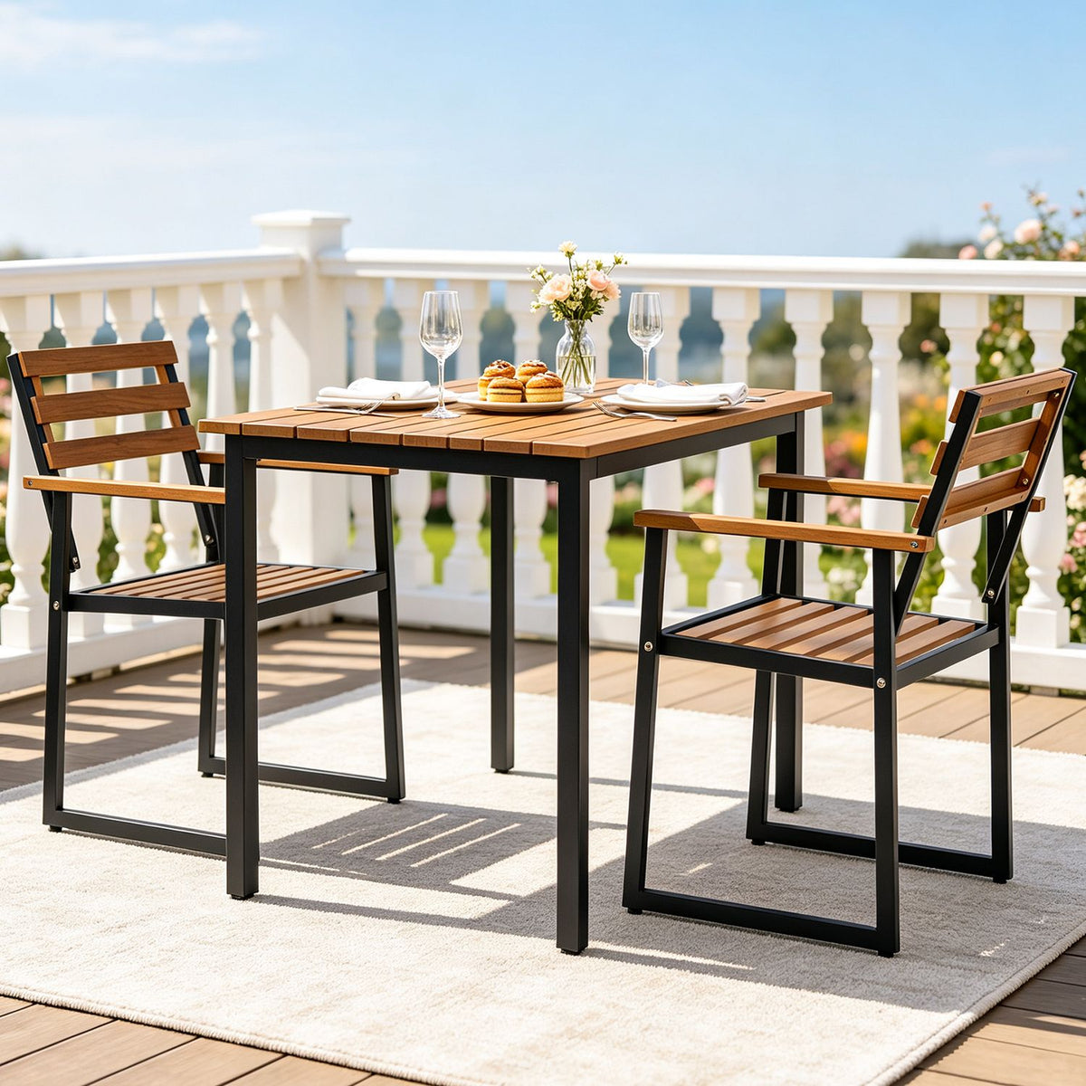 Slatted wood-and-black-metal dining table with two matching armchairs on a bright deck.
