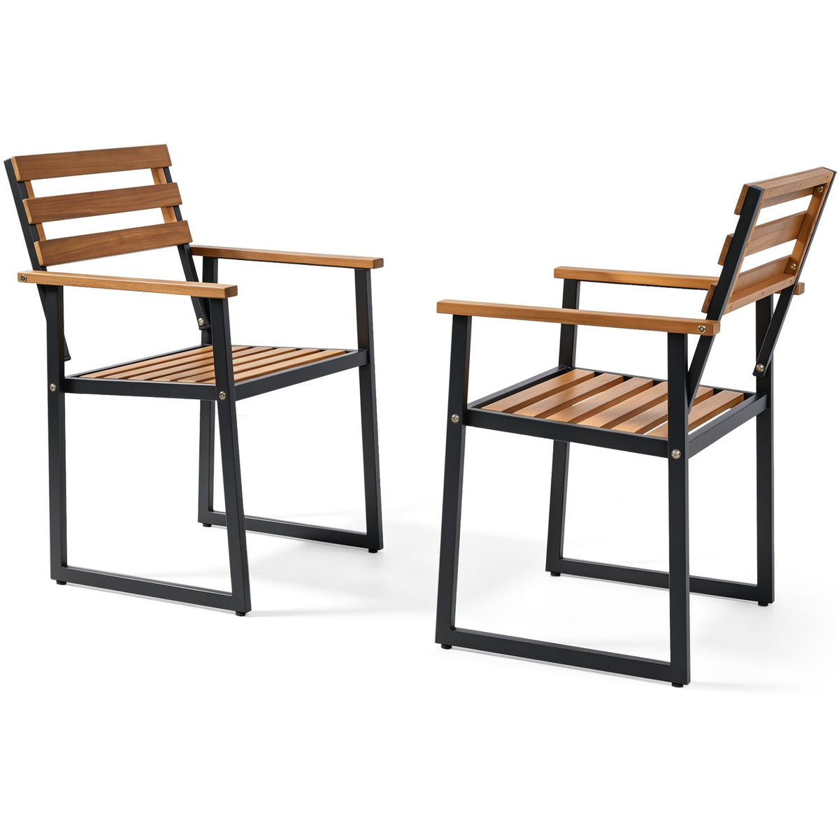 Two dining chairs shown from opposite angles, highlighting their slatted seats and black metal frames.