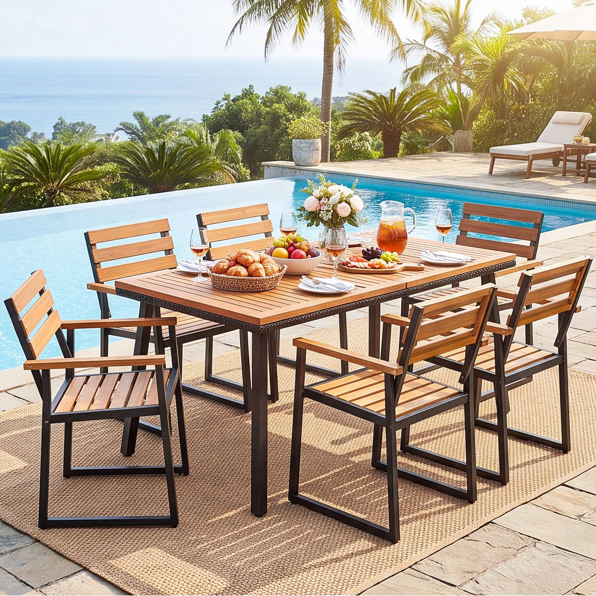 Wood-and-black-metal patio chairs surround a dining table beside a swimming pool.