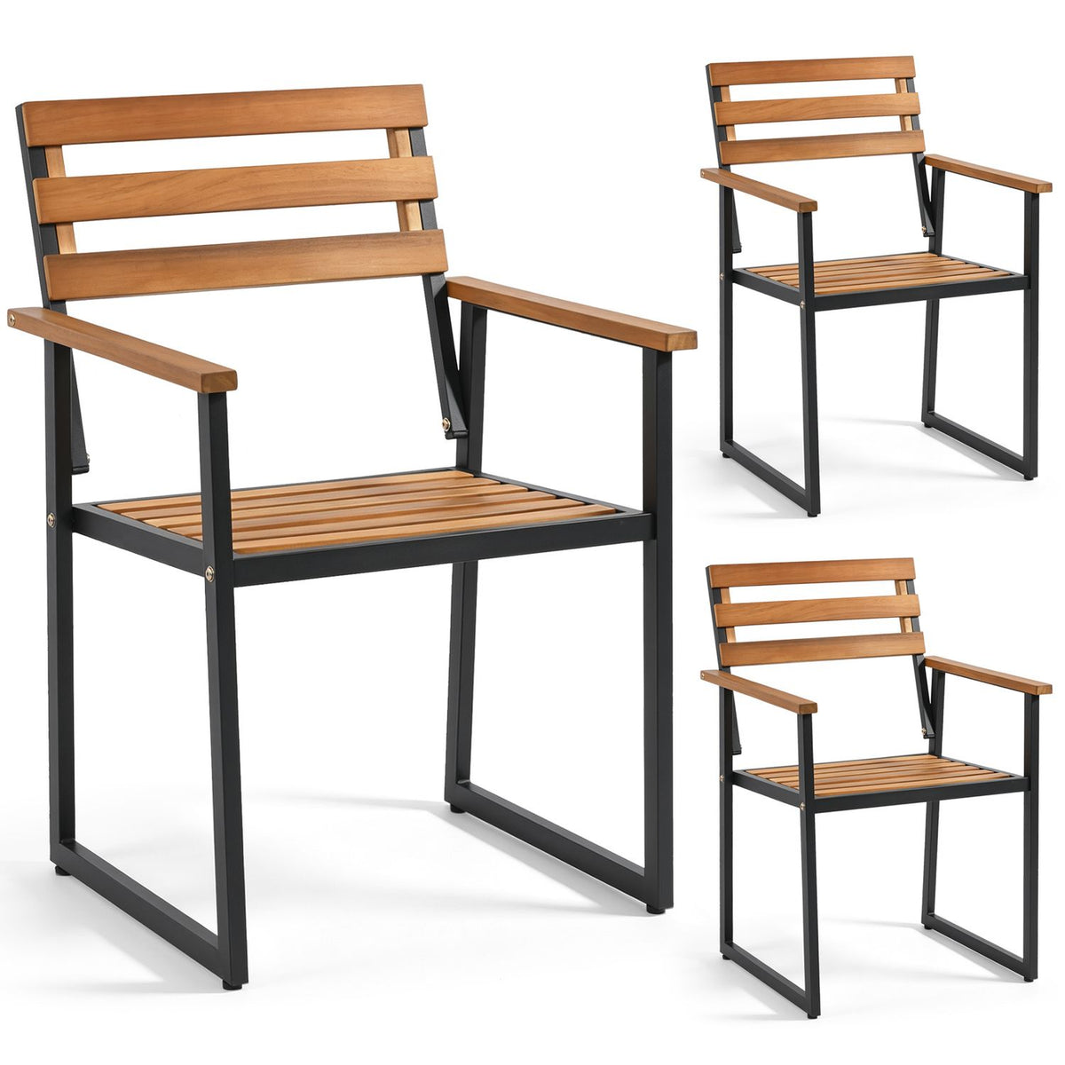 Acacia-tone slatted armchair with a black metal frame shown from the front