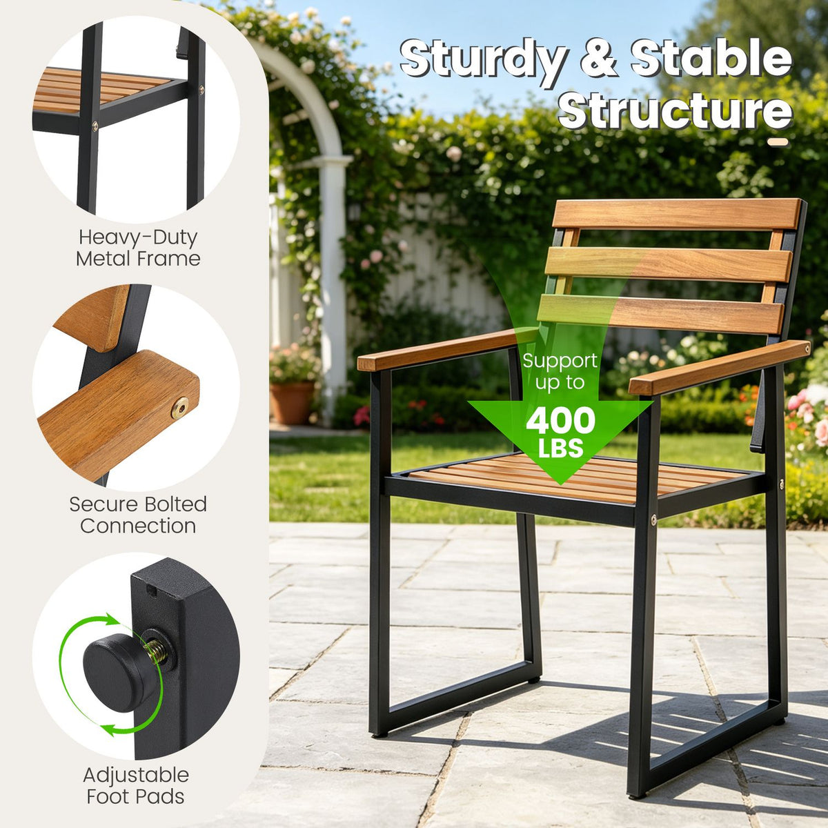 Acacia-tone outdoor armchair with black frame and close-ups of bolted joints and foot pads