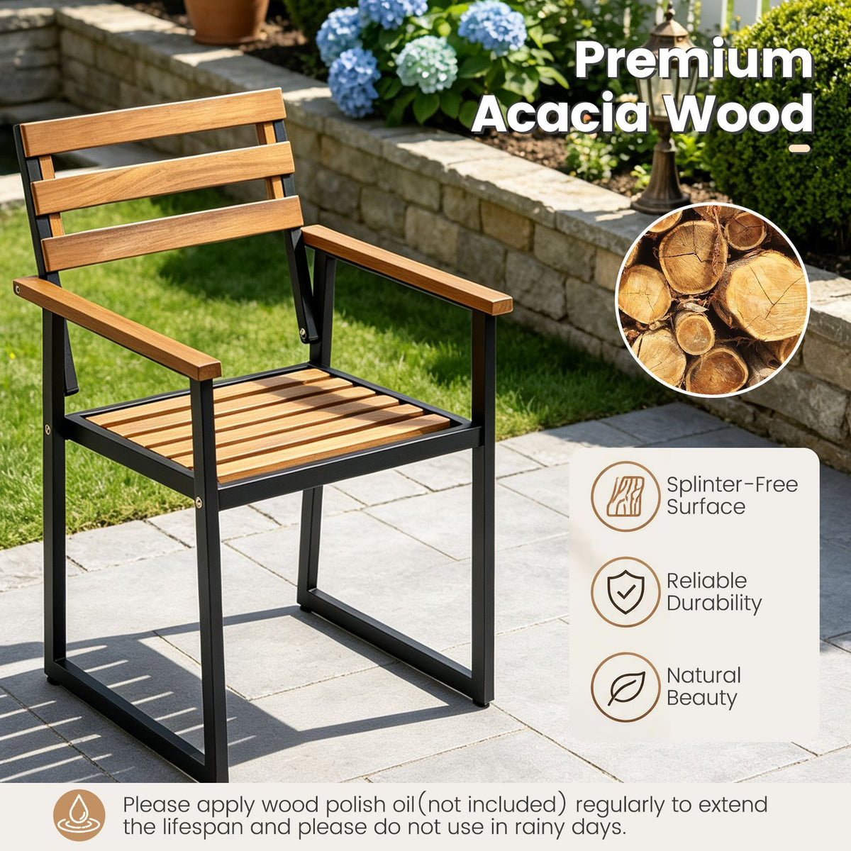 Acacia-tone slatted armchair with black frame shown on a garden patio