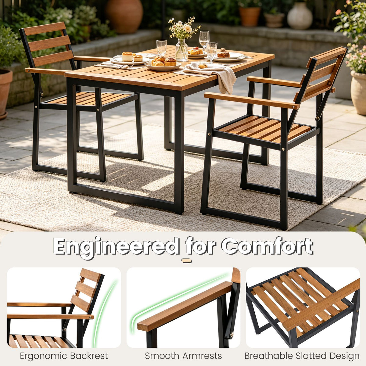 Outdoor dining table set with matching slatted chairs, above close-ups of a chair back, armrest, and seat.