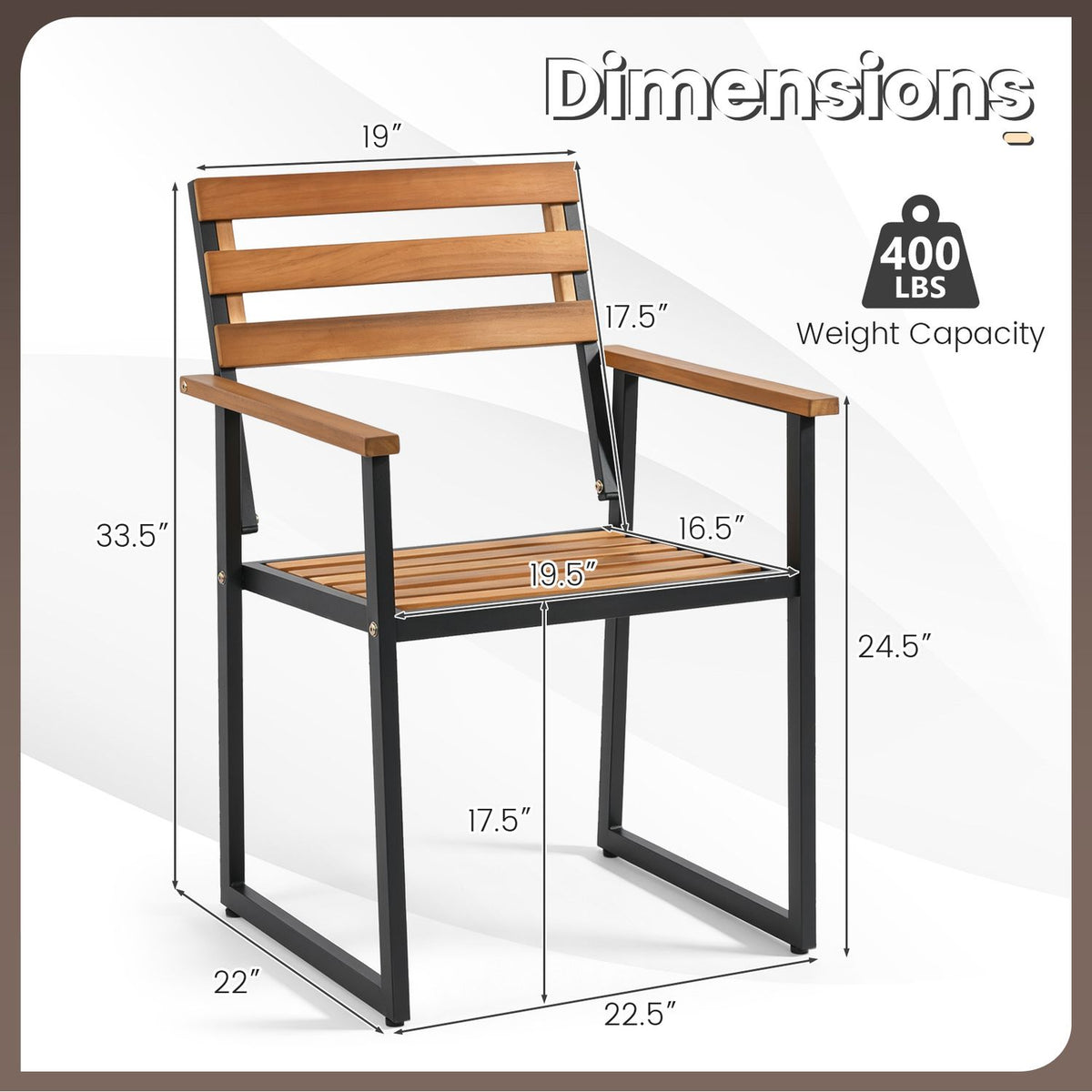 Front view of an acacia-tone slatted armchair with black frame and dimension labels
