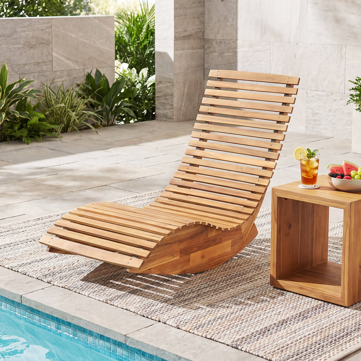 Slatted wooden rocking lounge chair beside a small table on a patio rug near a pool.