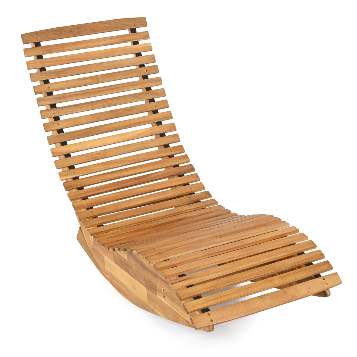 Slatted wooden rocking lounge chair shown alone against a plain white background.