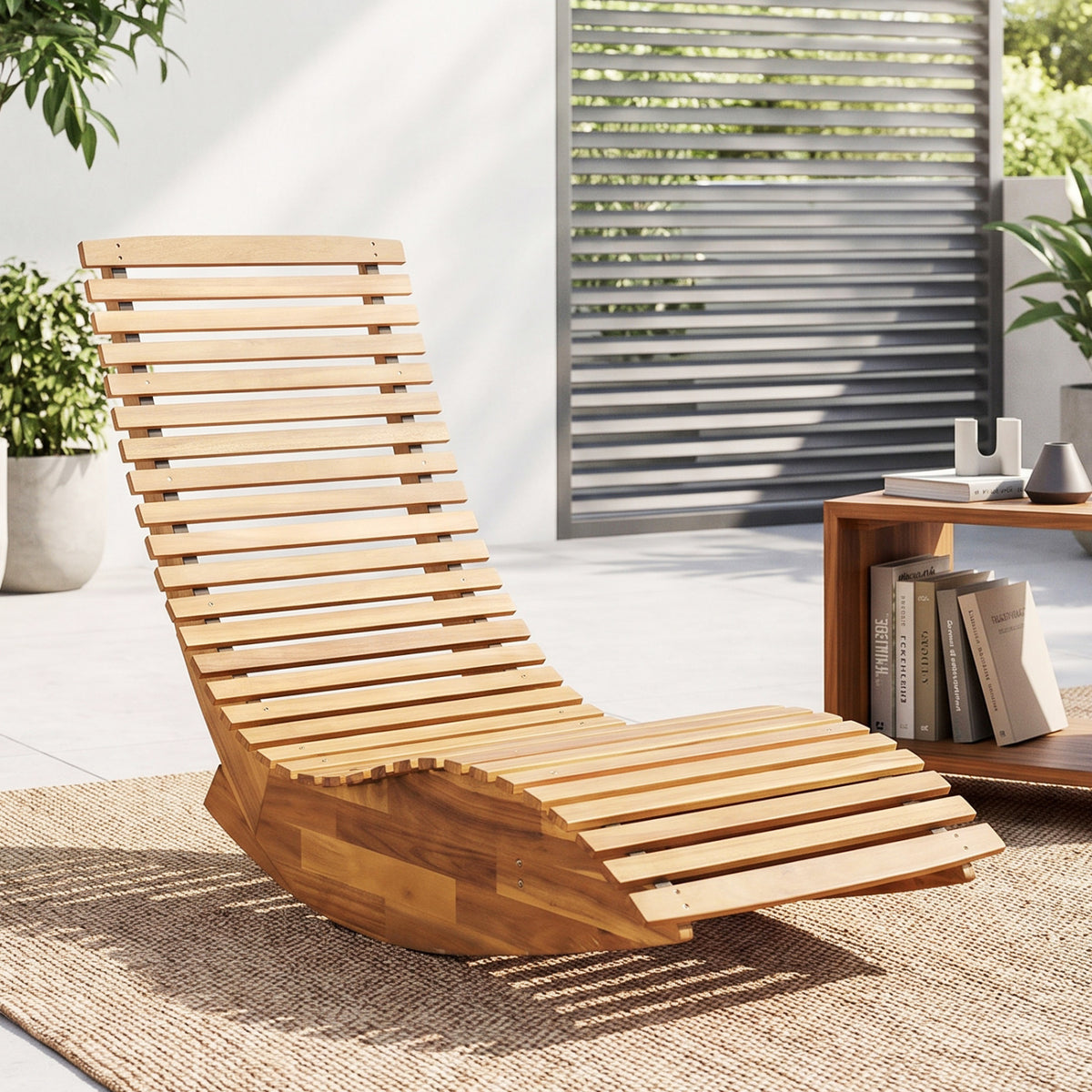 Wooden slatted rocking lounge chair angled toward a low table in a bright indoor-outdoor setting.