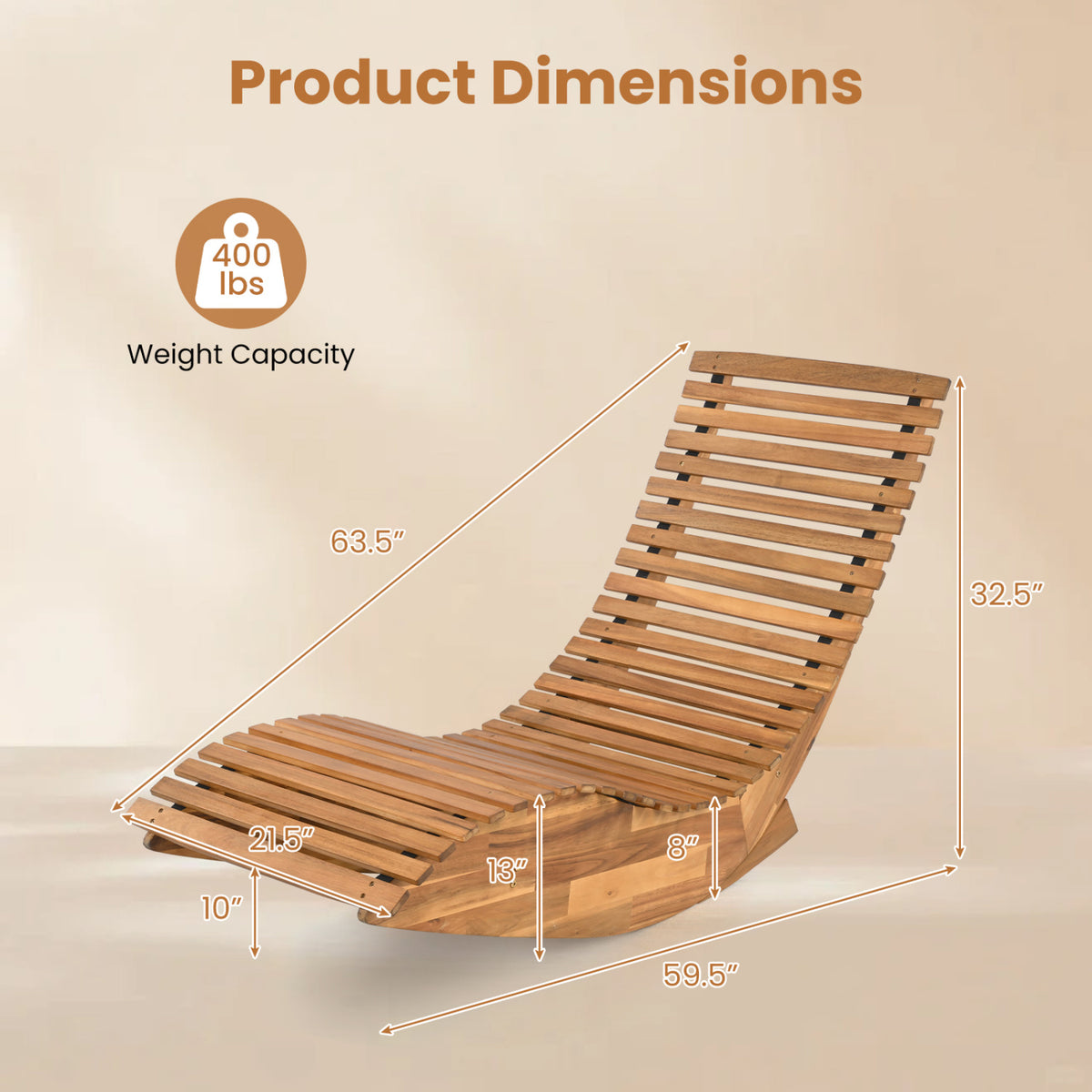Wooden rocking lounge chair shown with measurement arrows and a weight capacity icon.