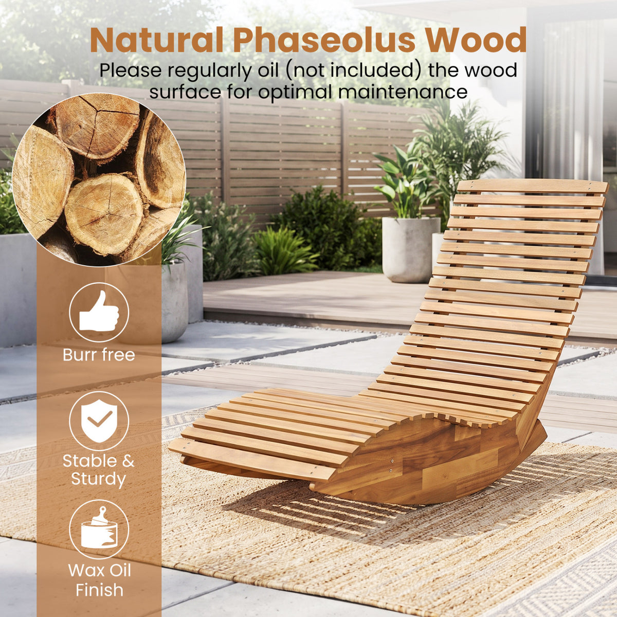 A wooden slatted lounge chair with curved rocking runners sits on a rug in a sunny patio setting.