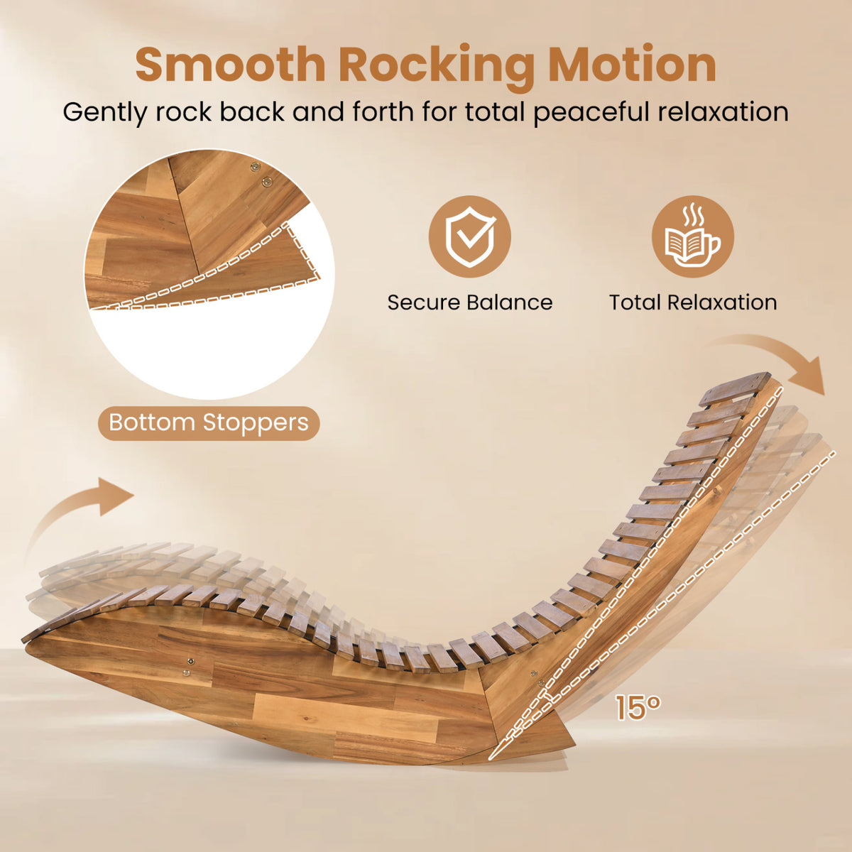 Side view of a wooden slatted lounge chair rocking, with its curved runners and bottom stoppers highlighted.