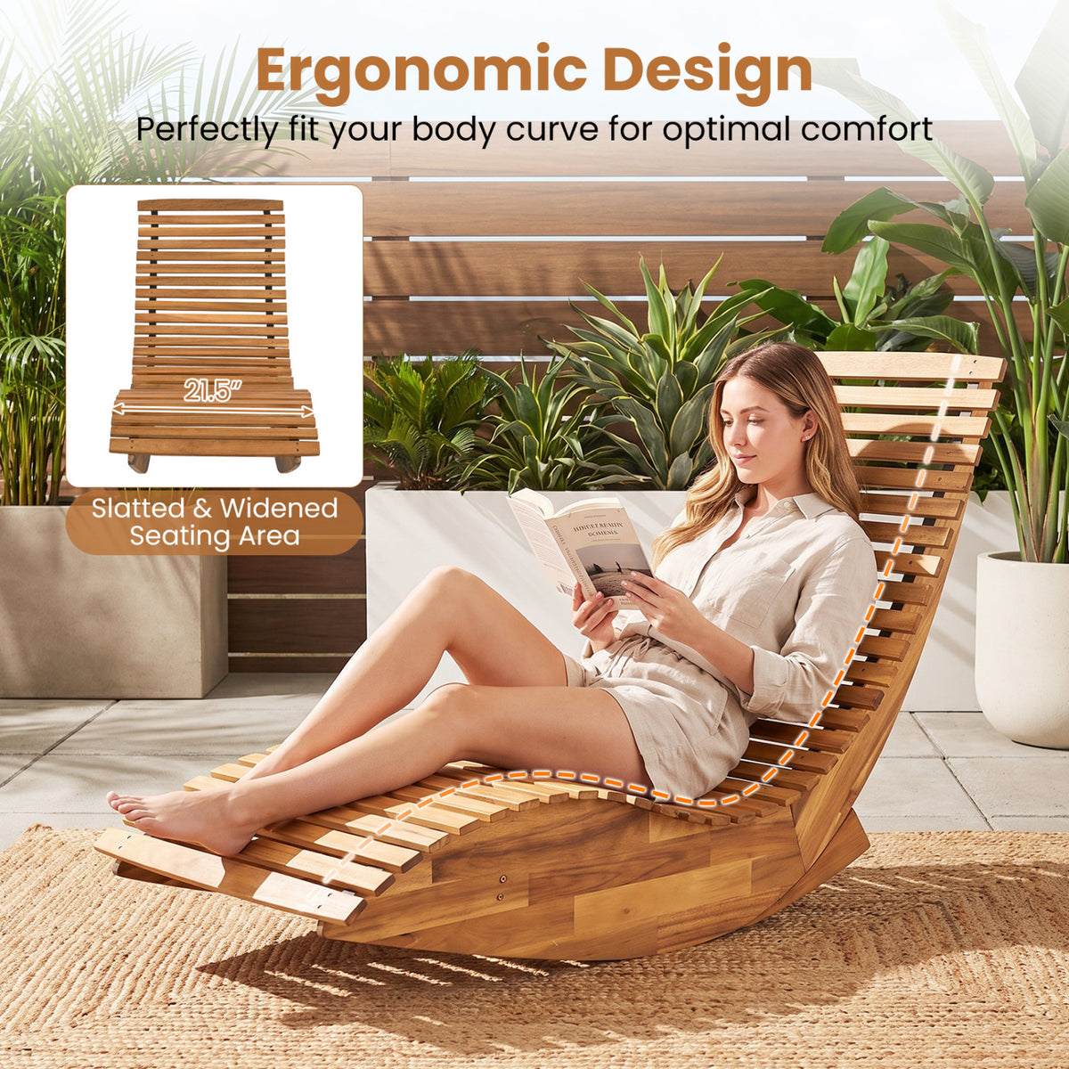 A woman reclines reading in a wooden slatted rocking lounge chair beside patio plants.