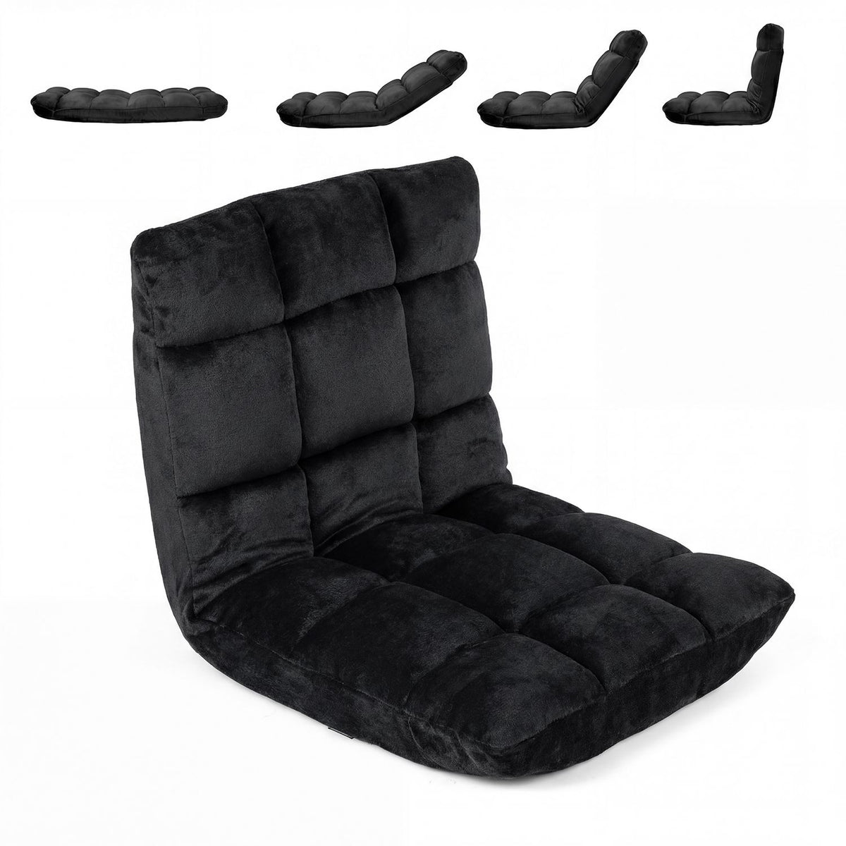 Black padded floor chair shown upright, with four smaller silhouettes showing different recline angles.