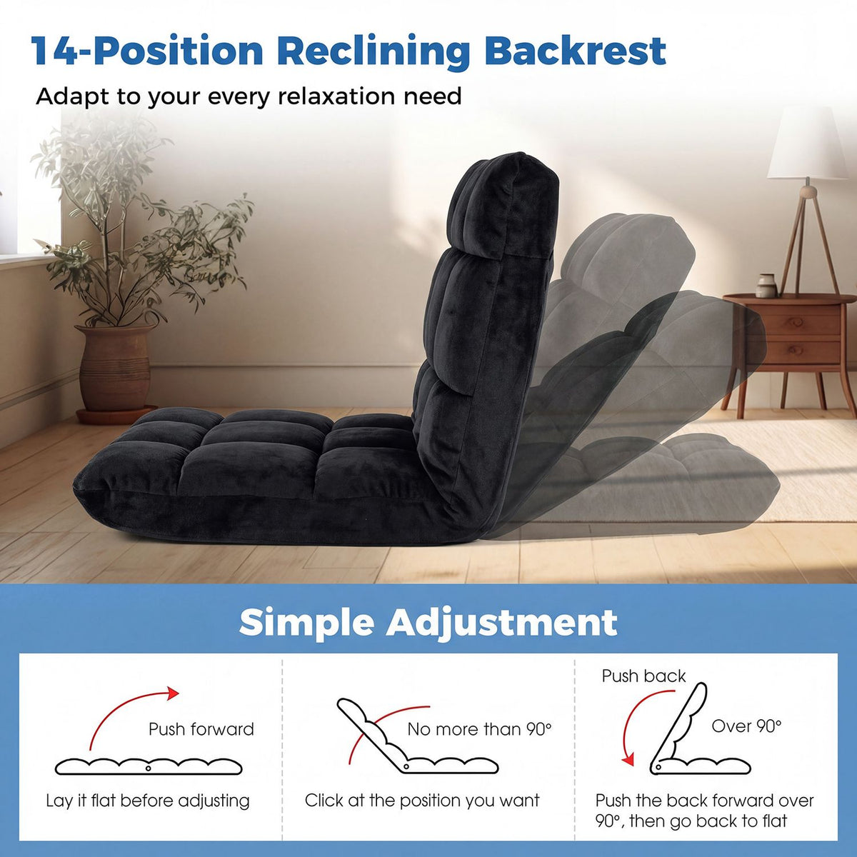 Black floor chair shown upright and in several reclined positions, with small diagrams of the adjustment motion.