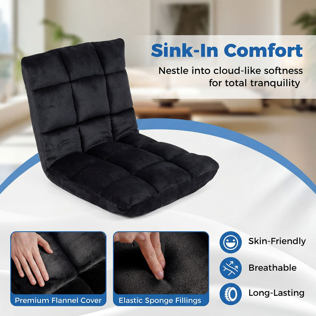 Black tufted floor chair shown with close-ups of a hand on the plush cover and fingers pressing the fabric.
