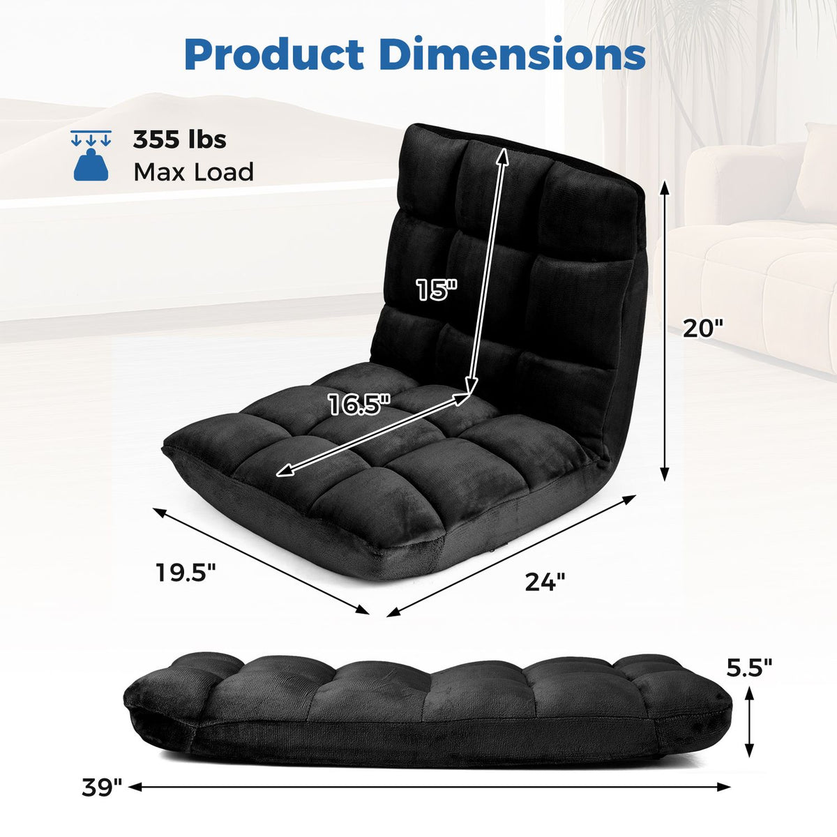 Black floor chair shown with measurement arrows and a separate side profile with dimensions.
