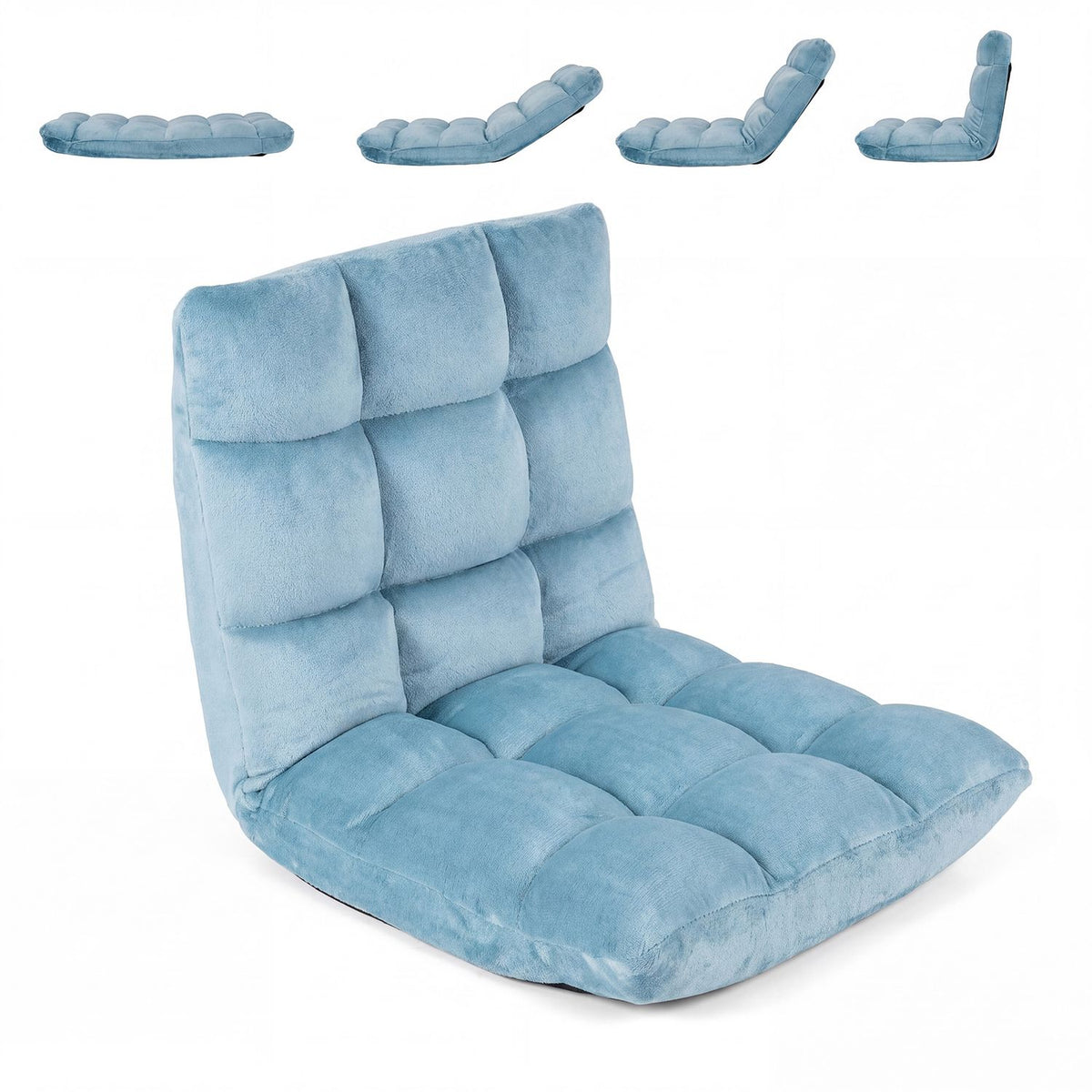 Blue cushioned floor chair shown upright, with four small illustrations of different reclined positions above it.
