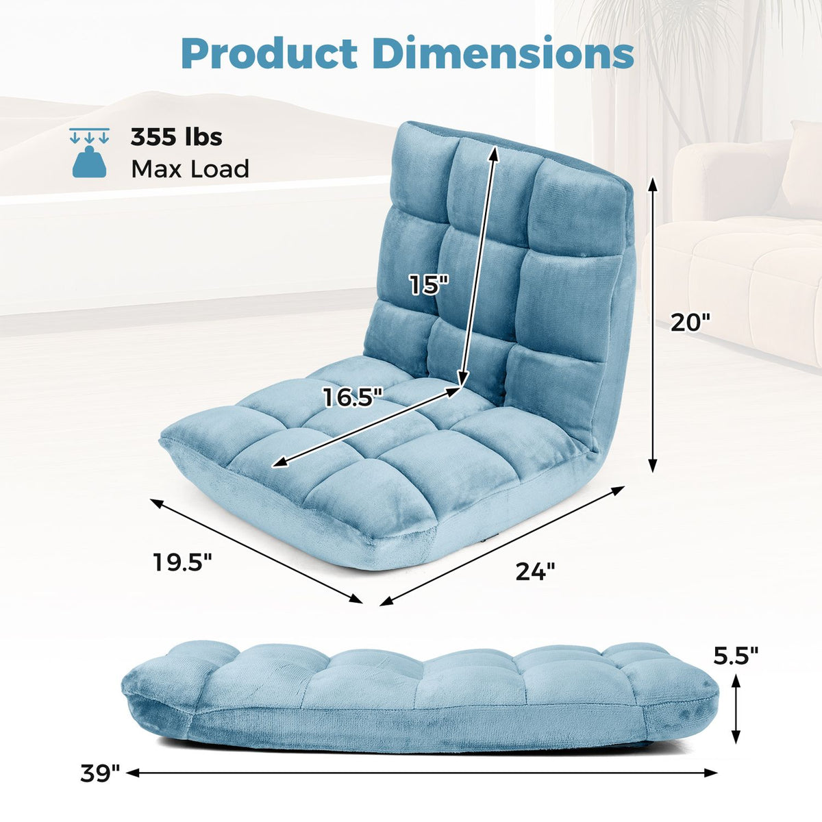 Blue floor chair shown with measurement arrows and a side profile on a pale background.