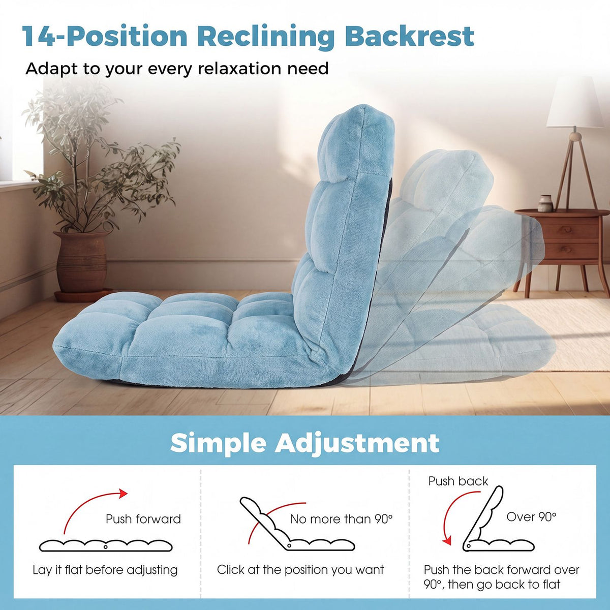 Blue floor chair shown upright and reclined, with small illustrations demonstrating backrest adjustment.