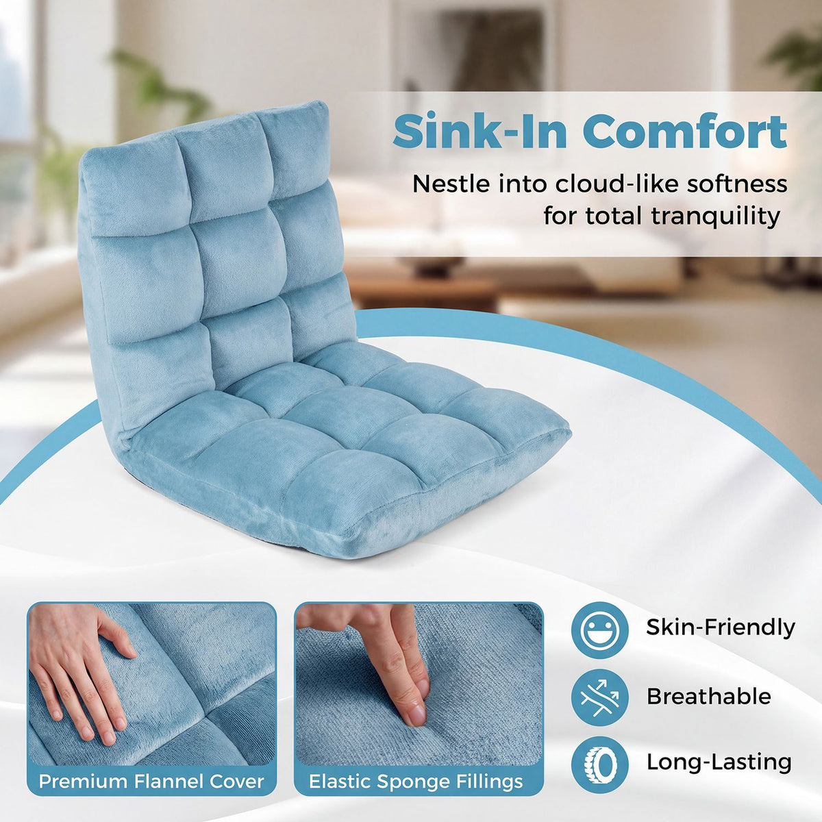 Blue tufted floor chair with close-up insets showing hands pressing and touching its fabric.