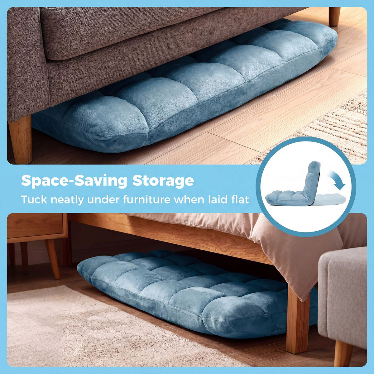 Blue floor chair shown laid flat beneath a sofa and a bed for compact storage.