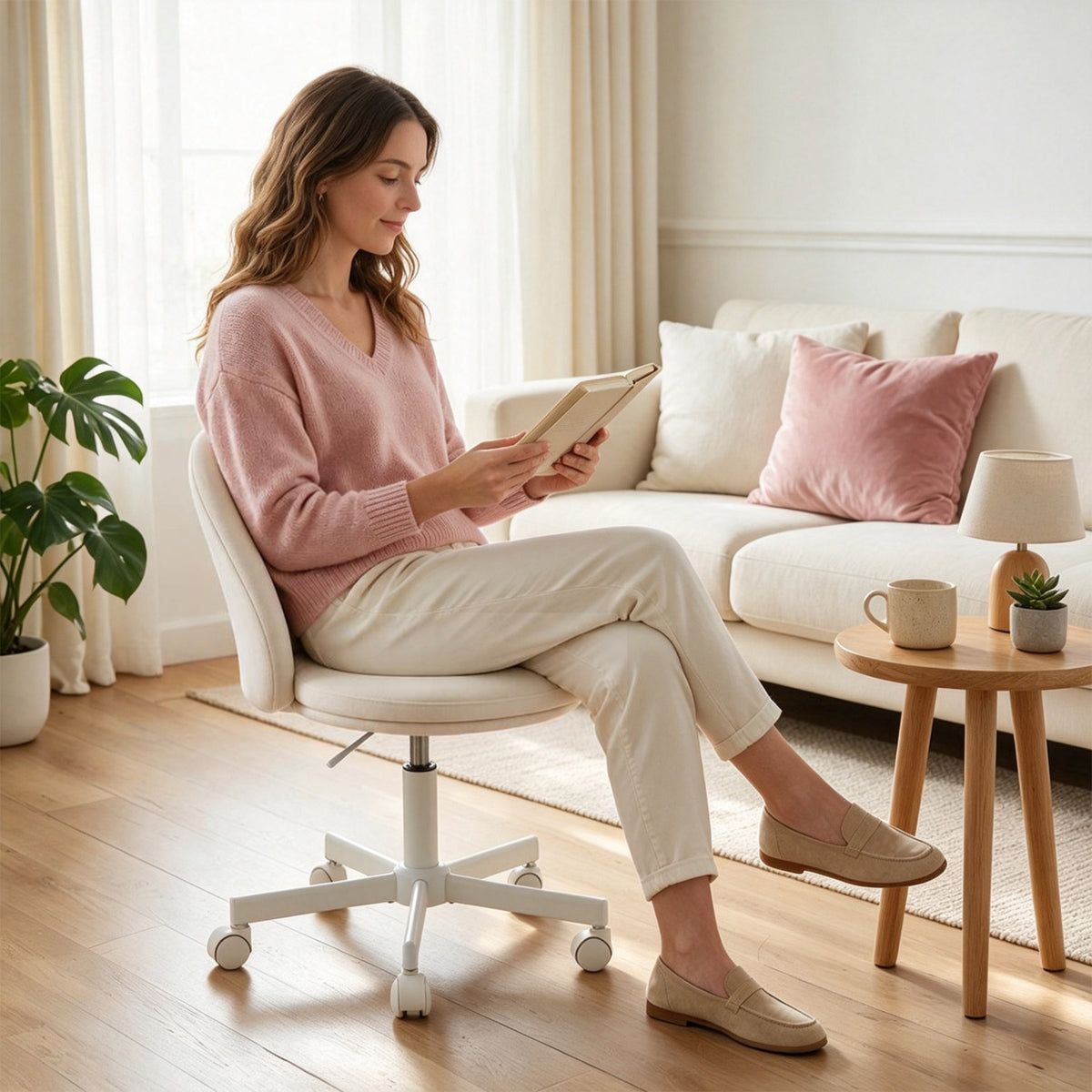 White adjustable chair with a seated reader in a bright living room