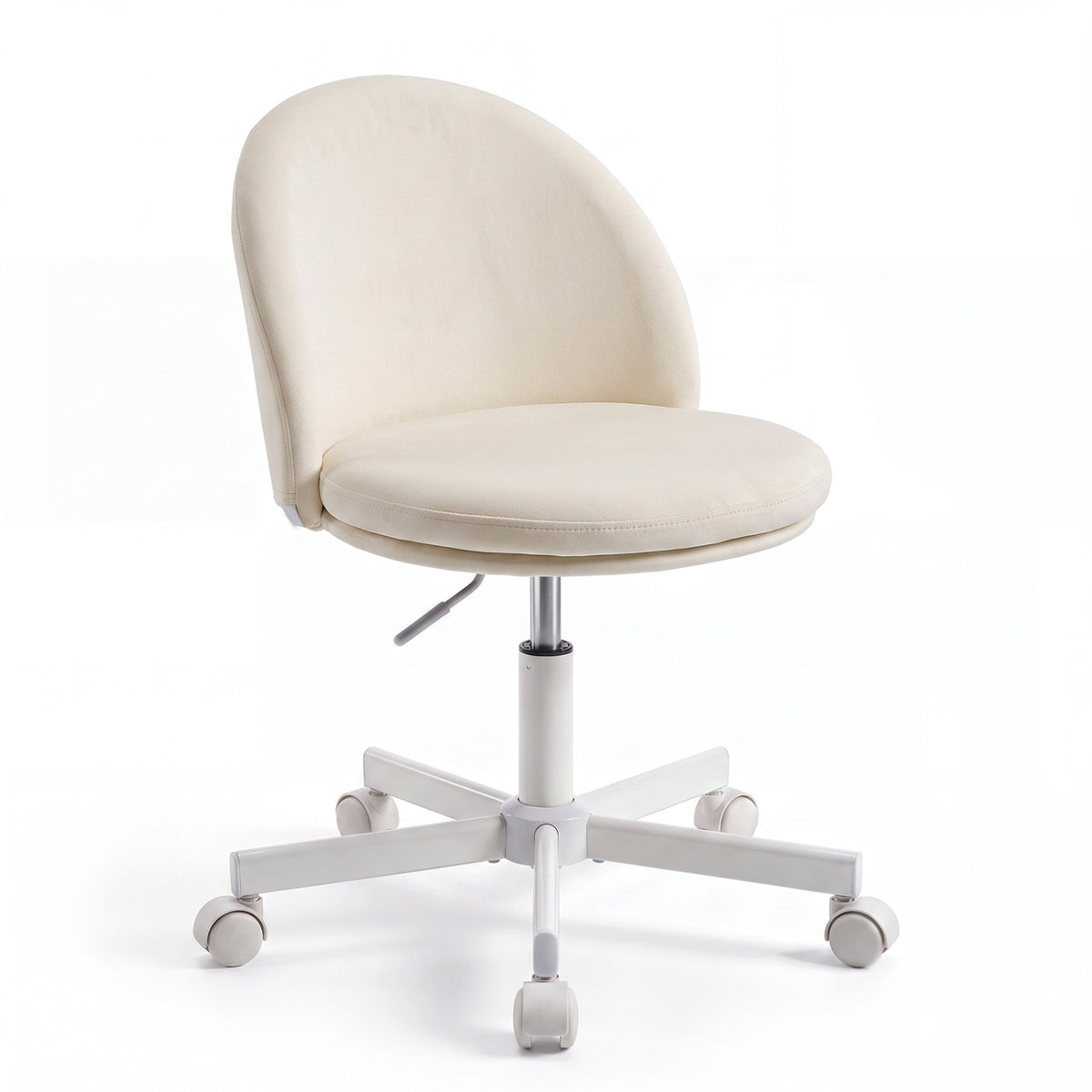 White upholstered vanity chair shown against a plain background
