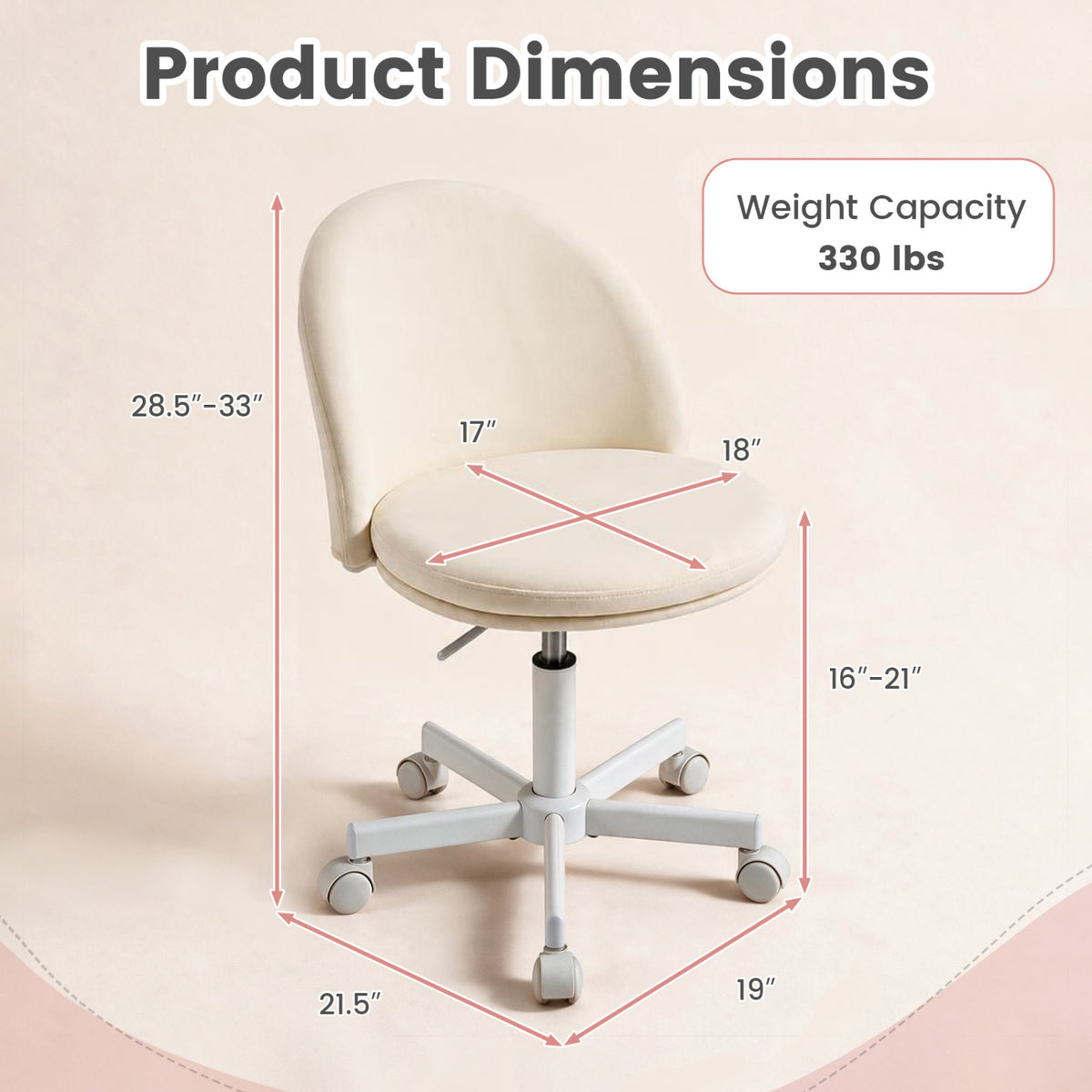 White vanity chair with a graphic showing its dimensions and capacity