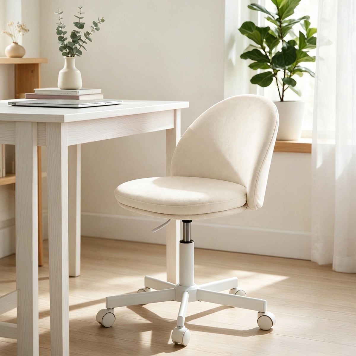 White upholstered chair on wheels beside a desk in a bright room