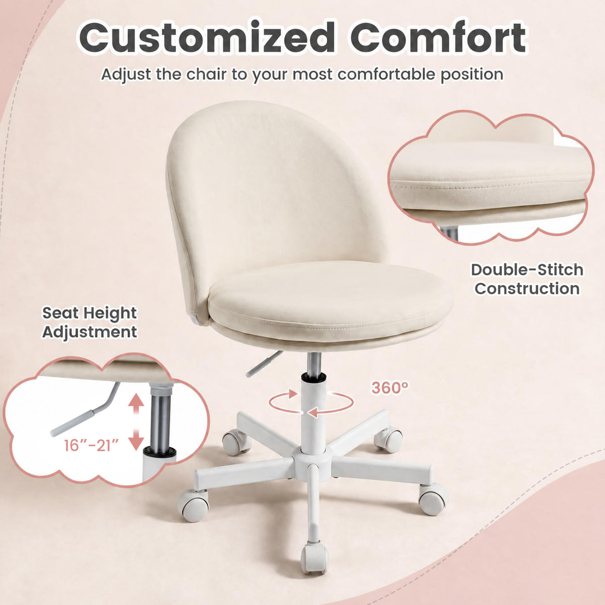Cream chair shown with close-ups of its stitched seat edge and height-adjustment lever.