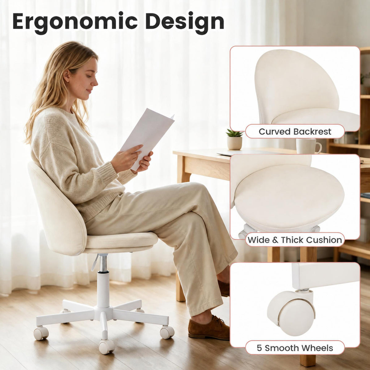 A woman sits in the cream chair beside a desk, with inset views of the backrest, seat, and wheels.