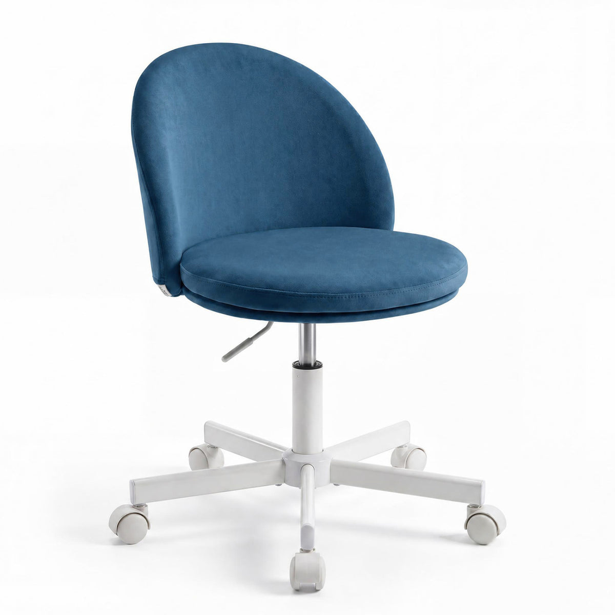 Blue upholstered chair with a curved back, round seat, white five-wheel base and adjustment lever.