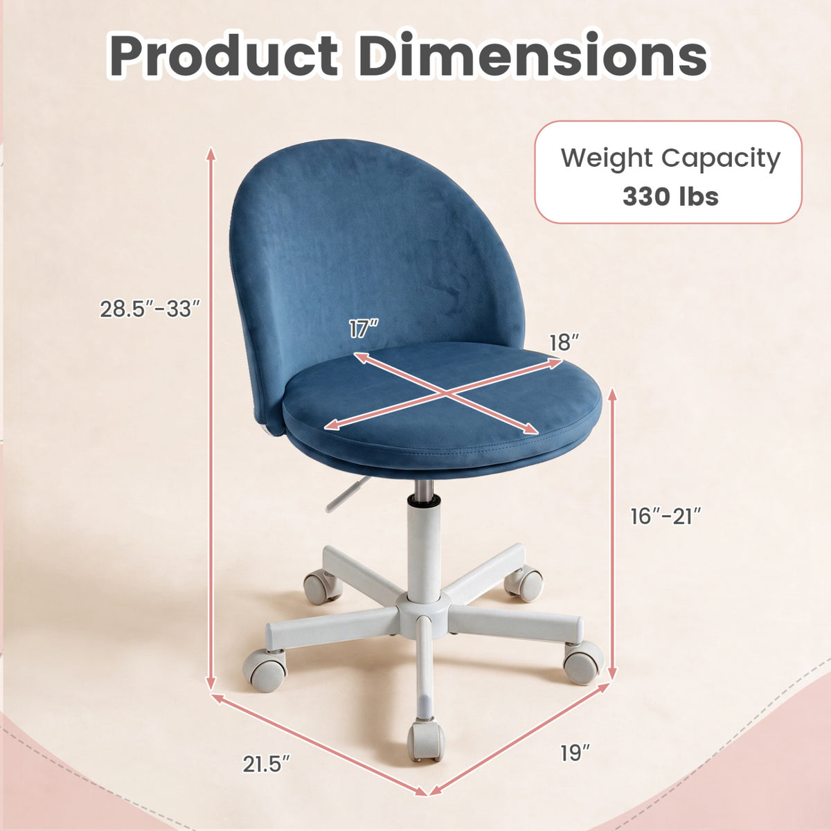 Blue upholstered chair shown with measurement arrows and labels on a pale background.
