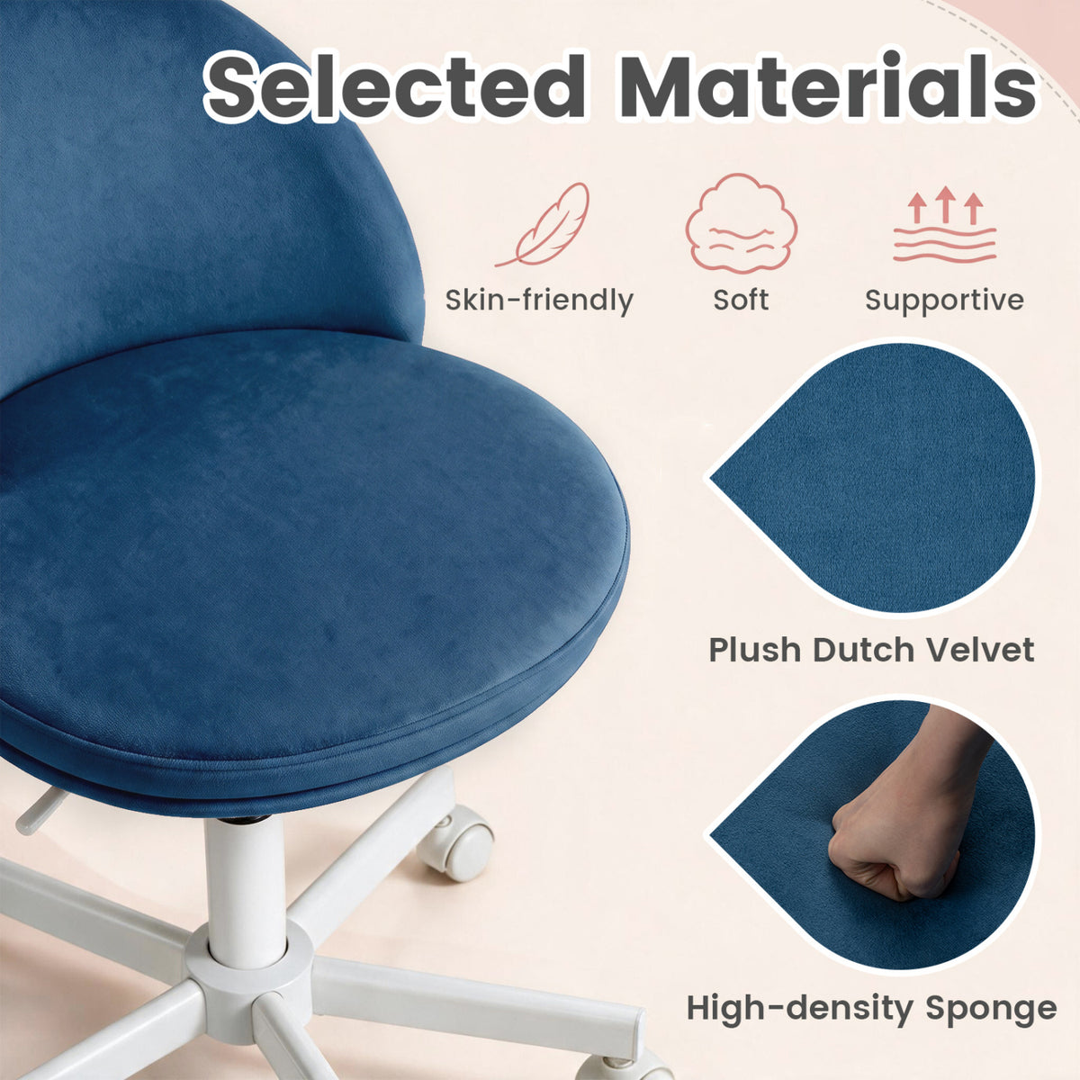 Close-up of the blue chair’s plush seat and back, with fabric and cushion insets.