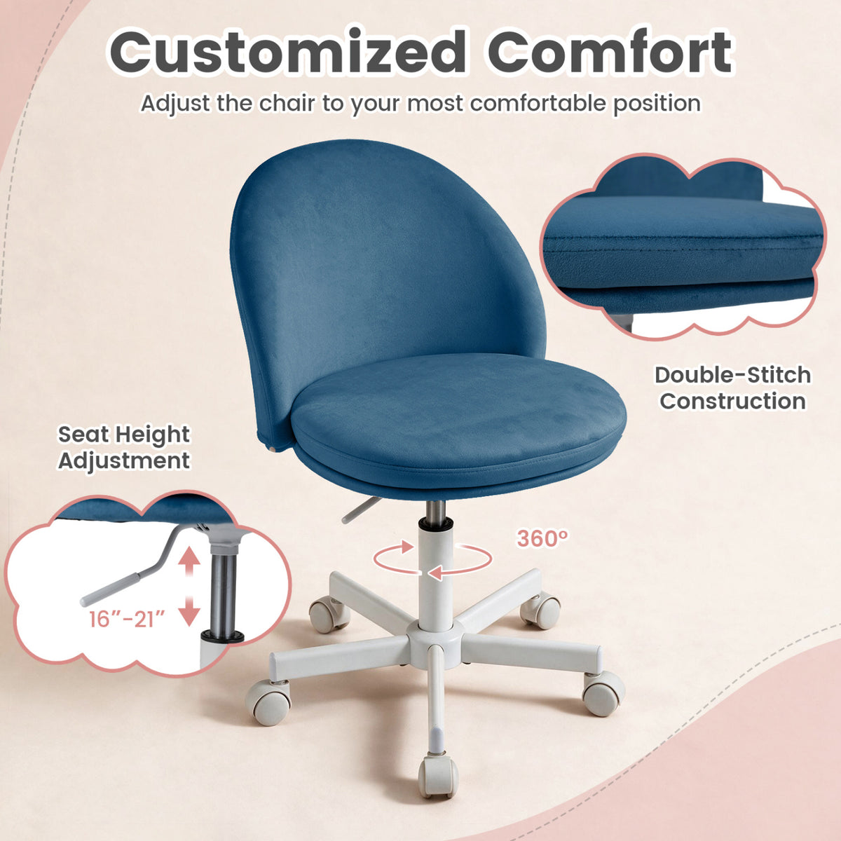 Blue vanity chair shown with close-ups of its stitched seat edge and height-adjustment lever.